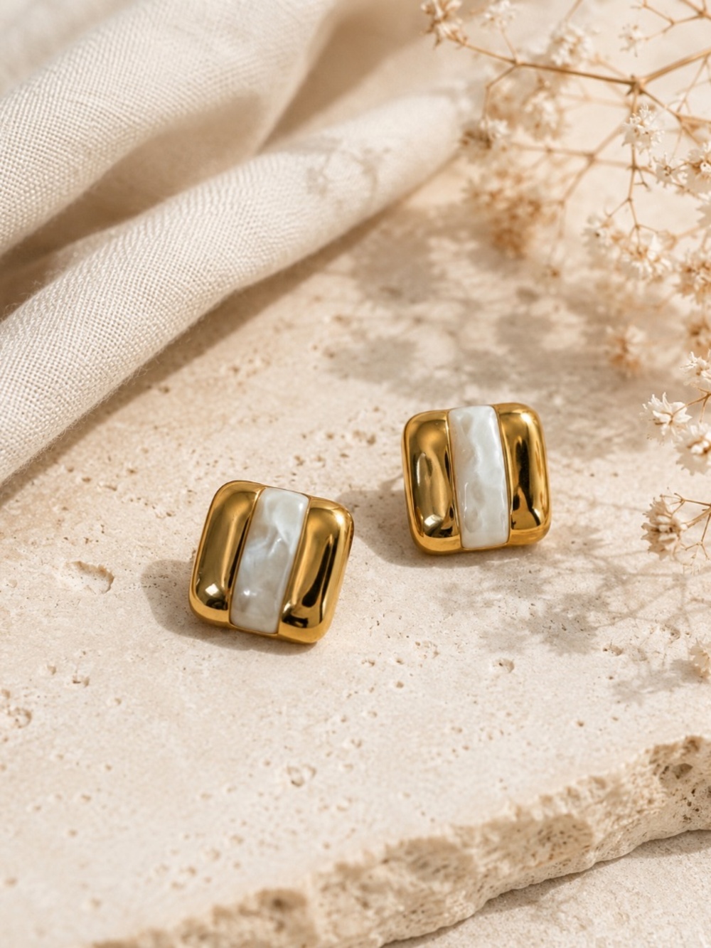Gold Plated White Resin Chunky Square Statement Earrings